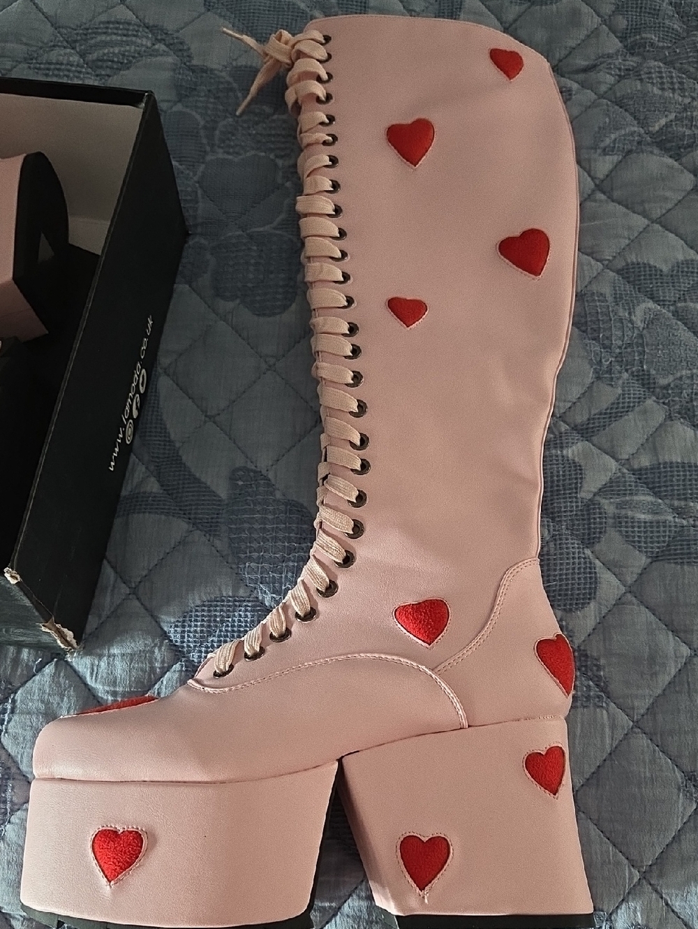 Pink Platform Lace-Up Boots with Red Heart Appliqués